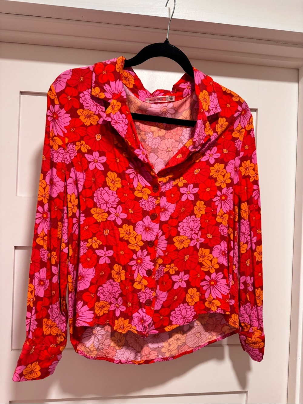 VICI Bright Floral Button-Front Blouse with Pink & Orange Blooms